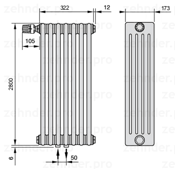 Схема (чертеж) Радиатор Zehnder Charleston 5280/7 №V007 Белый глянцевый RAL 9016